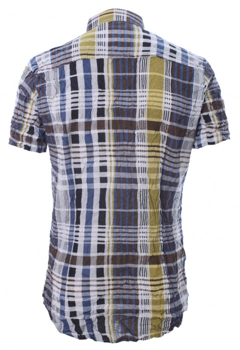 เสื้อเช้ิตแขนสั้นลายตารางสลับสีน้ำเงิน-เหลือง