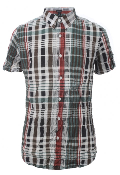 เสื้อเช้ิตแขนสั้นลายตารางสลับสีน้ำเขียว-แดง