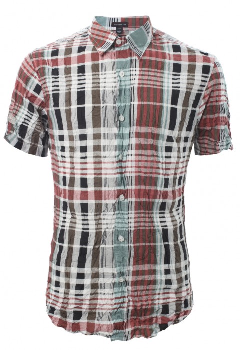 เสื้อเช้ิตแขนสั้นลายตารางสลับสีแดง-เขียวอ่อน