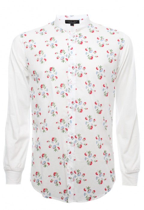 เชิ้ตลายดอก คอจีน ตัดต่อแขนผ้ายืด