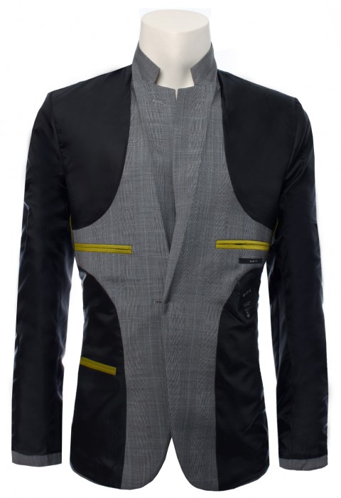 เสื้อสูทผ้าวูล ทอลายตารางเล็กตัดสีฟ้า