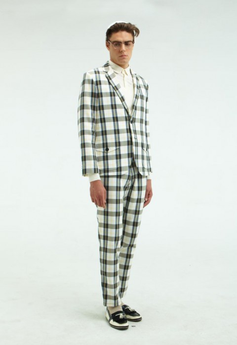 กางเกงทรงกระบอกลายตารางสีเหลือง