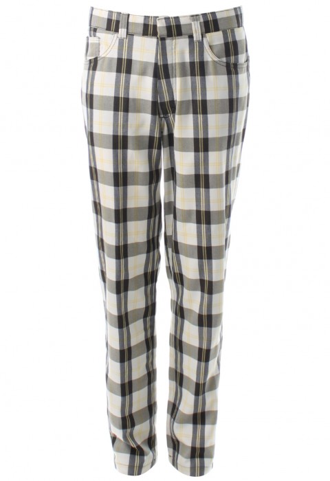 กางเกงทรงกระบอกลายตารางสีเหลือง