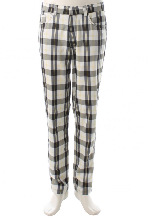 กางเกงทรงกระบอกลายตารางสีเหลือง