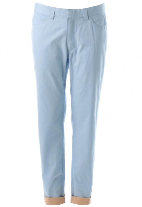 กางเกงสีฟ้าทรงกระบอก ขากางเกงตัดต่อสีส้ม