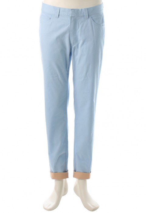 กางเกงสีฟ้าทรงกระบอก ขากางเกงตัดต่อสีส้ม