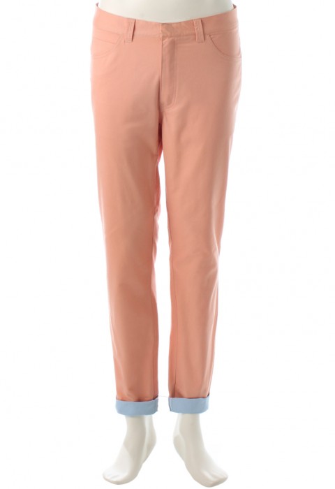 กางเกงสีส้มพาสเทลทรงกระบอก ขากางเกงตัดต่อสีฟ้า