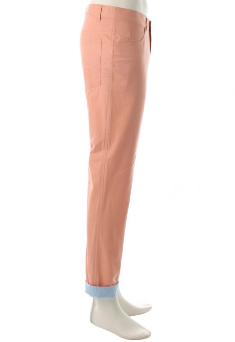 กางเกงสีส้มพาสเทลทรงกระบอก ขากางเกงตัดต่อสีฟ้า