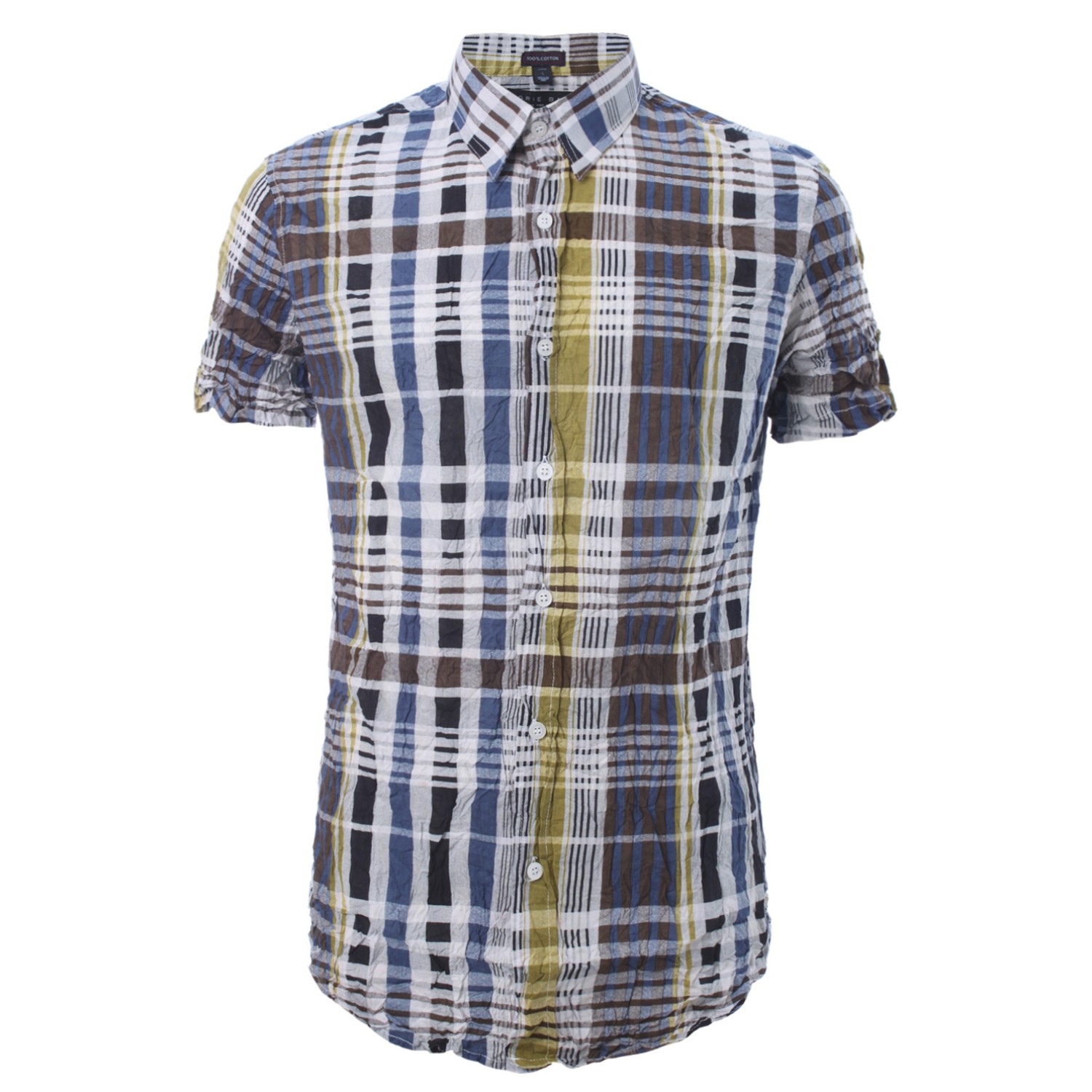 เสื้อเช้ิตแขนสั้นลายตารางสลับสีน้ำเงิน-เหลือง