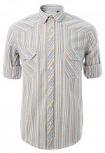 เสื้อเชิ้ตลายทางทอสลับสีฟ้าส้ม