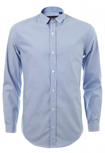 เสื้อเชิ้้ตปกเล็กลายทางสีฟ้า