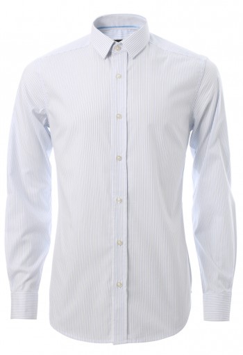 เสื้อเชิ้้ตปกเล็กลายทางสีฟ้าอ่อน