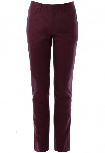 กางเกงสีแดงเลือดหมูกระเป๋าทรงโค้งขากระบอกเล็ก