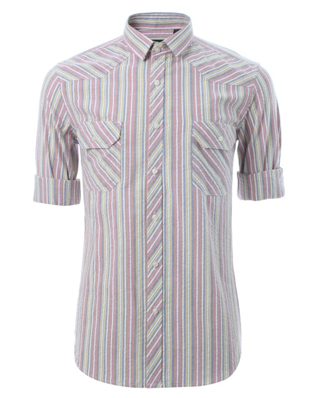 เสื้อเชิ้ตลายทางทอสลับสีแดง