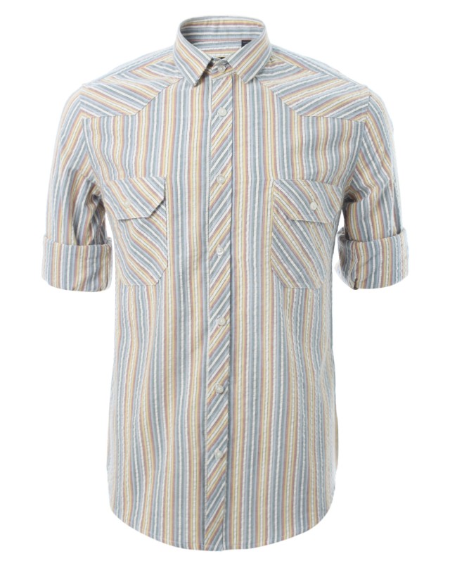เสื้อเชิ้ตลายทางทอสลับสีฟ้าส้ม