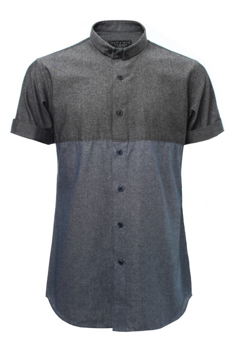 เสื้อเชิ้ตยีนส์แขนสั้นสีเทาน้ำเงิน