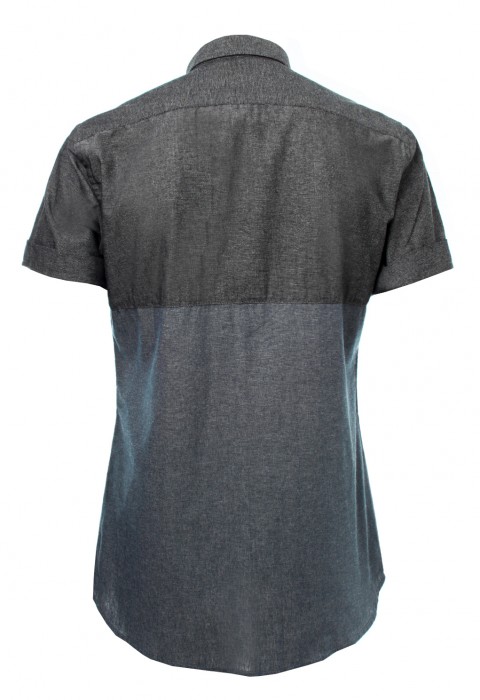 เสื้อเชิ้ตยีนส์แขนสั้นสีเทาน้ำเงิน