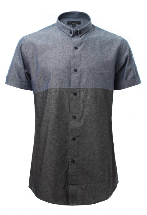 เสื้อเชิ้ตยีนส์แขนสั้นสีน้ำเงินเทา