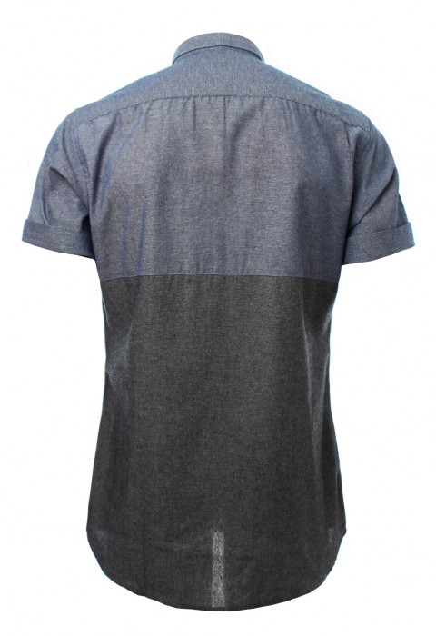 เสื้อเชิ้ตยีนส์แขนสั้นสีน้ำเงินเทา