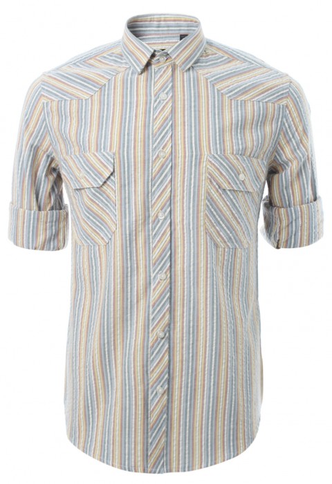 เสื้อเชิ้ตลายทางทอสลับสีฟ้าส้ม