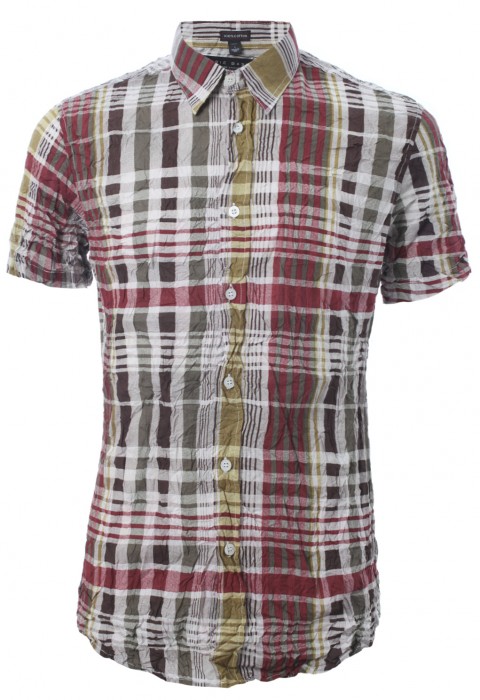 เสื้อเช้ิตแขนสั้นลายตารางสลับสีแดง-เหลือง