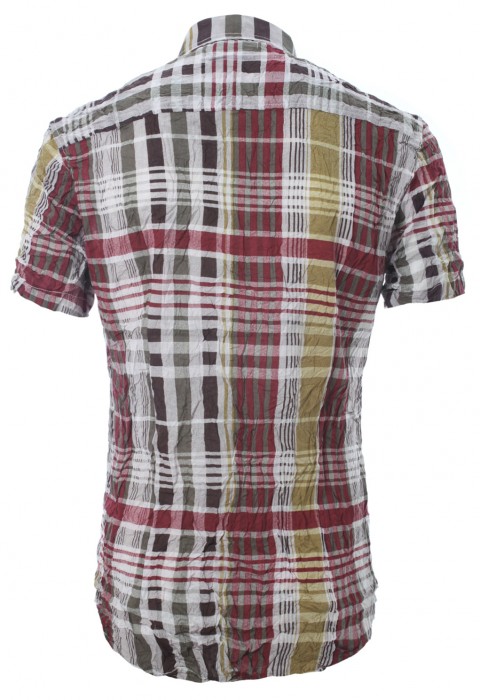 เสื้อเช้ิตแขนสั้นลายตารางสลับสีแดง-เหลือง