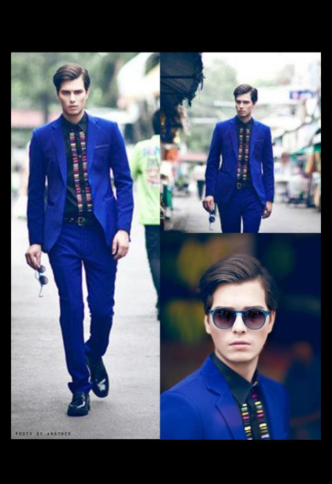 เสื้อสูทสีน้ำเงินตัดขอบหนัง