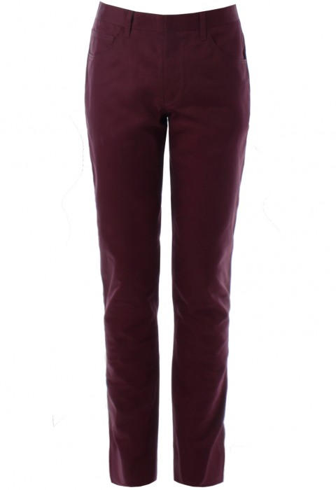 กางเกงสีแดงเลือดหมูกระเป๋าทรงโค้งขากระบอกเล็ก