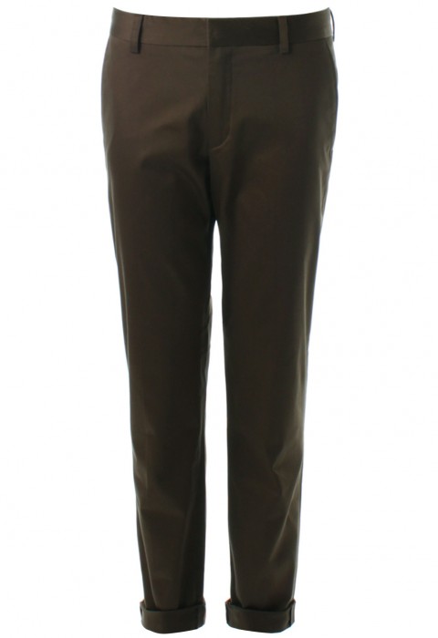 กางเกงทรงกระบอกเล็กสีน้ำตาลอมเขียว