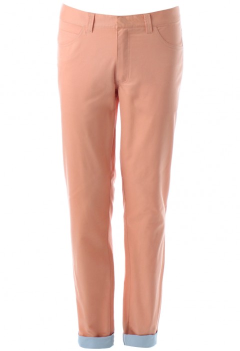 กางเกงสีส้มพาสเทลทรงกระบอก ขากางเกงตัดต่อสีฟ้า