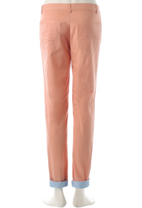 กางเกงสีส้มพาสเทลทรงกระบอก ขากางเกงตัดต่อสีฟ้า