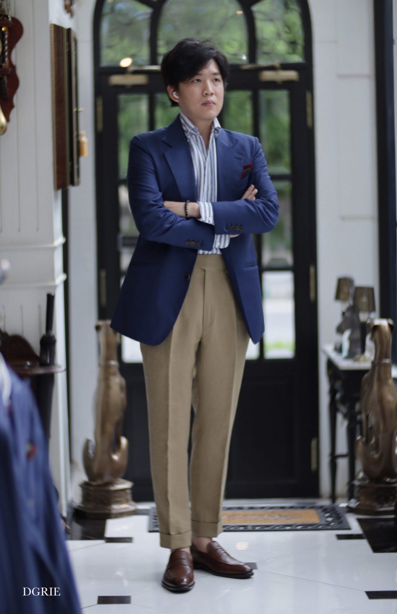 one piece collar linen navy strip shirt dgrie