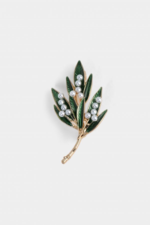 green leaf branch with white pearl gold brooch dgrie