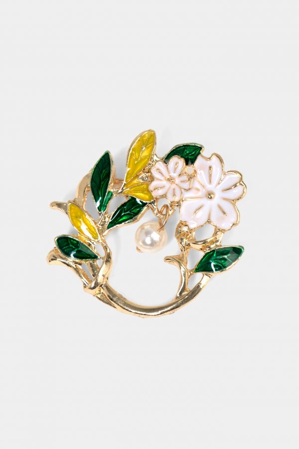 white flower with greenampyellow leaf brooch dgrie