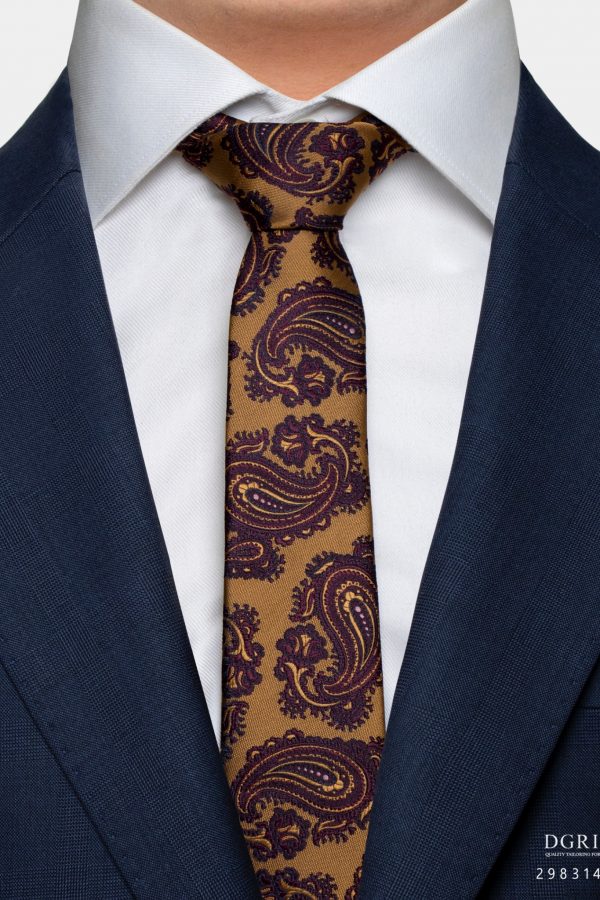 burgundy red paisley on mustard yellow 3 inch necktie dgrie