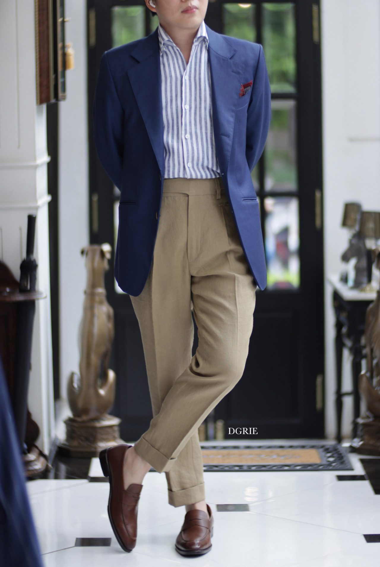 one piece collar linen navy strip shirt dgrie 1