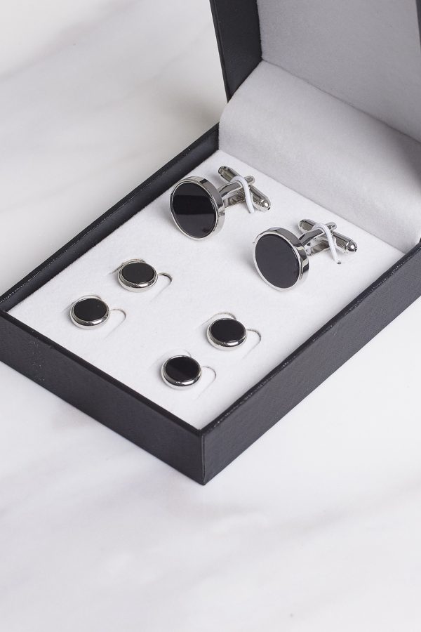 premium black flat round cufflinks amp stud set dgrie